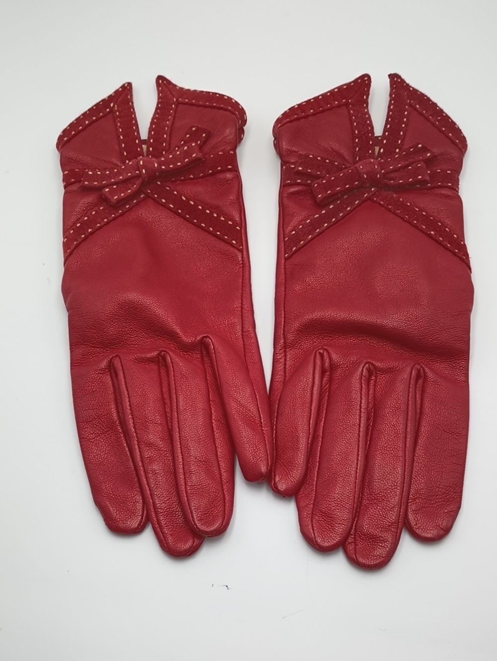 Agnelle Red Leather Gloves Suede Bow Accent White Stitching Elegant Luxury Retro